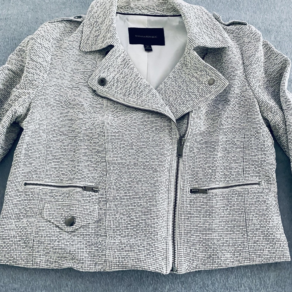 Banana Republic Jacquard Moto Jacket Womens 8P White Textured Stretch Petites - Picture 12 of 16